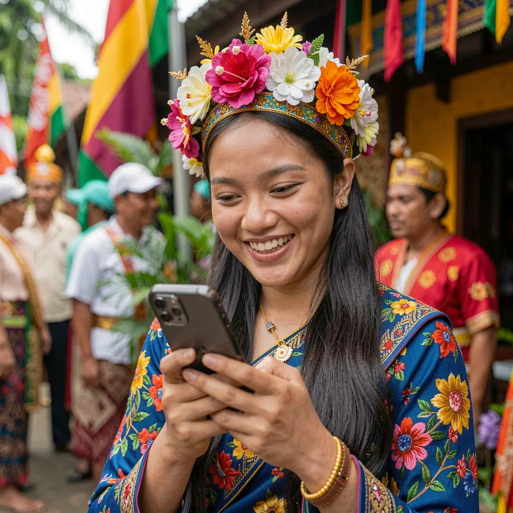 Joyful Filipino woman in traditional clothing smiling while using the Q664 mobile casino app on her smartphone