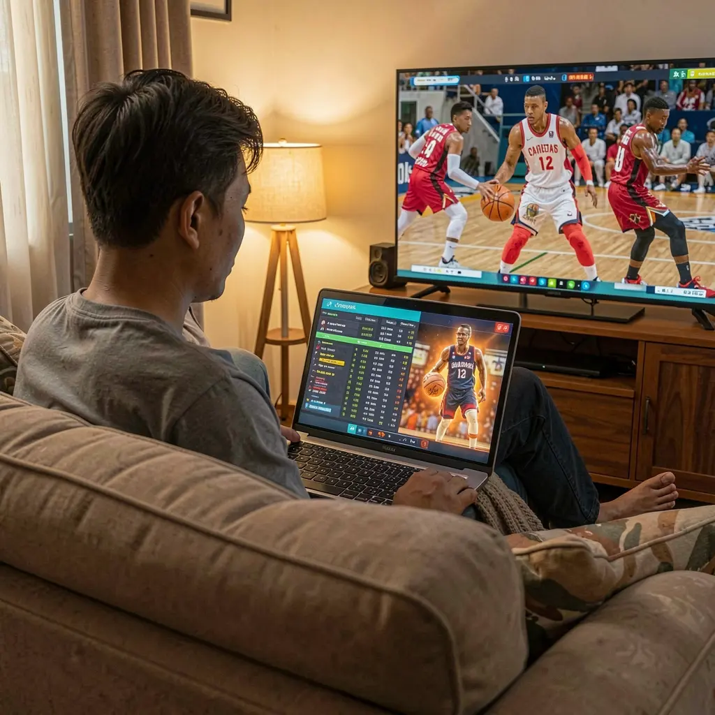 Focused Filipino sports bettor placing live basketball bets on a laptop with Q664 while watching a match on TV in a cozy home setting
