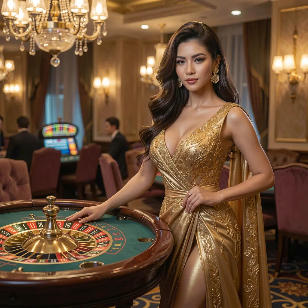 An elegant casino hostess in a sparkling gold dress beside a roulette table inside the luxurious Q664 casino atmosphere for players in the Philippines
